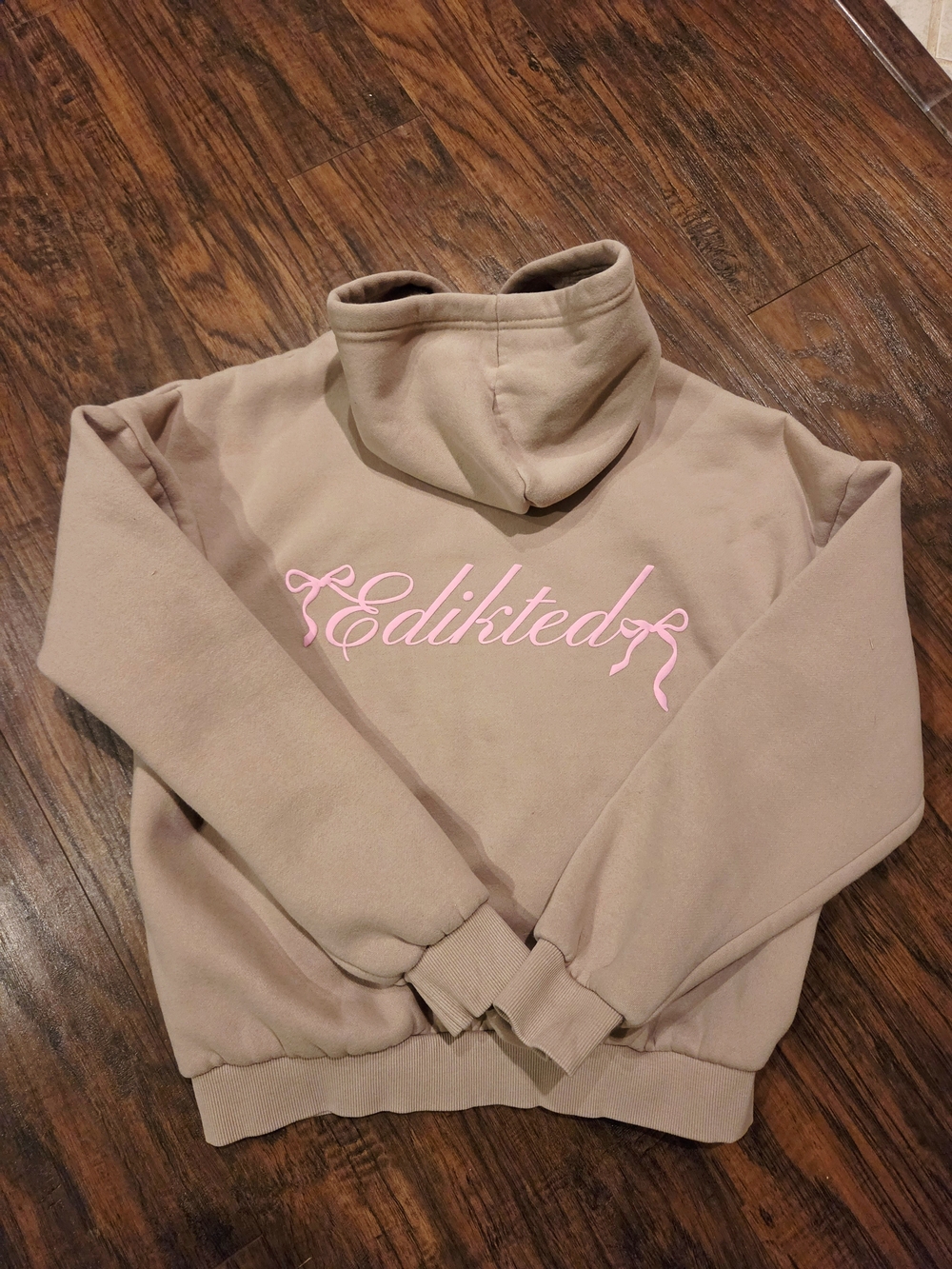 Edikted Tan Beige Hoodie Sweatshirt with Pink Puff Logo Size Small